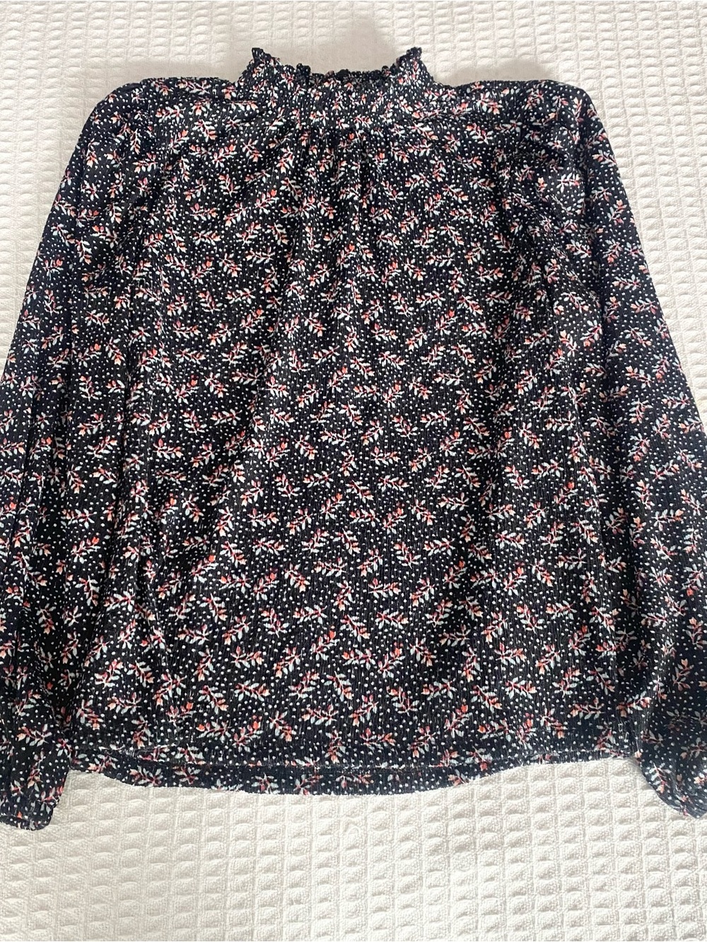 LOFT Black Floral Long-Sleeve Smocked-Neck Blouse small